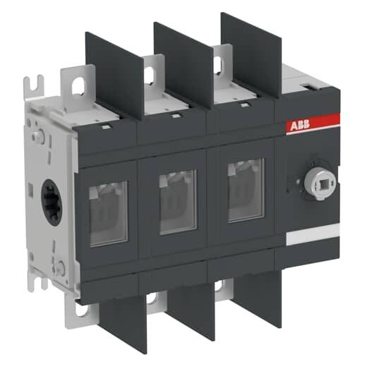 Ein schwarzer, dreipoliger Lasttrennschalter von ABB mit Drehgriff, für industrielle elektrische Anwendungen.