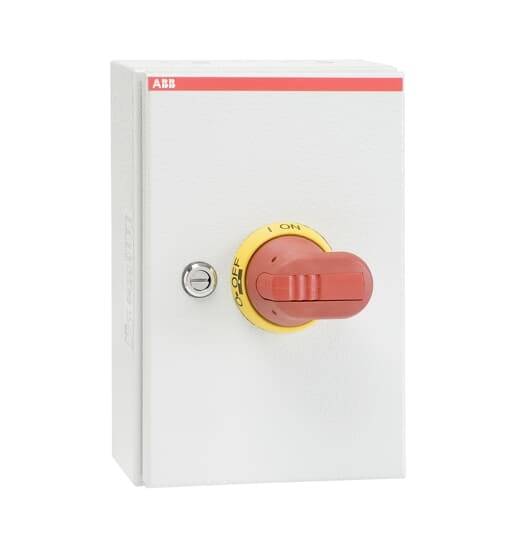 Ein elektrischer Hauptschalter von ABB mit rotem Hebel und gelber Umrandung, auf einer grauen Gehäusebox montiert.