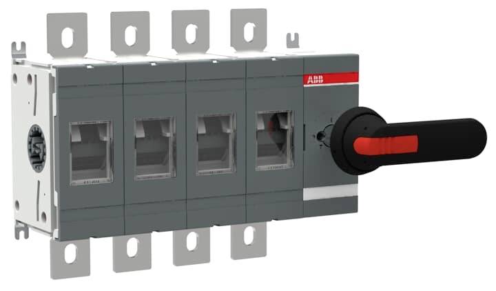 Ein vierpoliger Lasttrennschalter mit rotem Griff an der rechten Seite, geeignet für elektrische Schaltanwendungen.