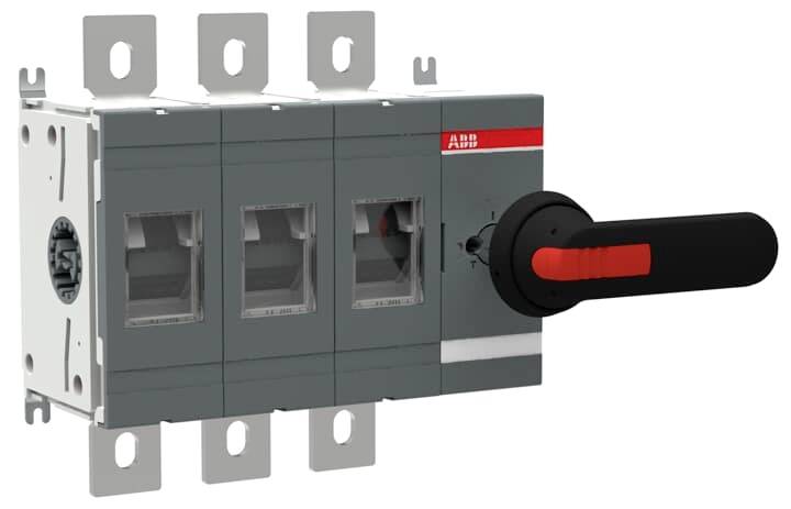 ABB Lasttrennschalter mit Griff. Graue Gehäuse mit rotem und schwarzem Griff zum manuellen Umschalten von Positionen.
