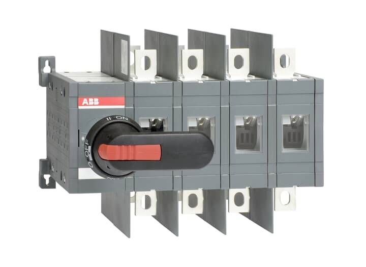 Ein grauer elektrischer Schalter mit rotem Hebel. Hersteller-Logo sichtbar. Der Schalter ist in der Position 'OFF'.