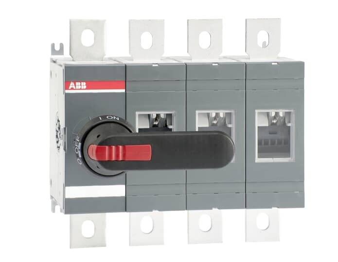 Ein dreipoliger Schalter in Grau mit einem roten Hebel in der Position 'Aus'. Markenlogo oben links. Einsatz in elektrischen Systemen.