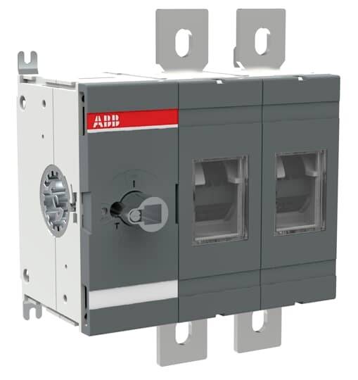 Ein grauer ABB-Drehschalter mit drei Schaltpositionen und klar ablesbarem Schaltermechanismus, montiert auf einer Metallhalterung.