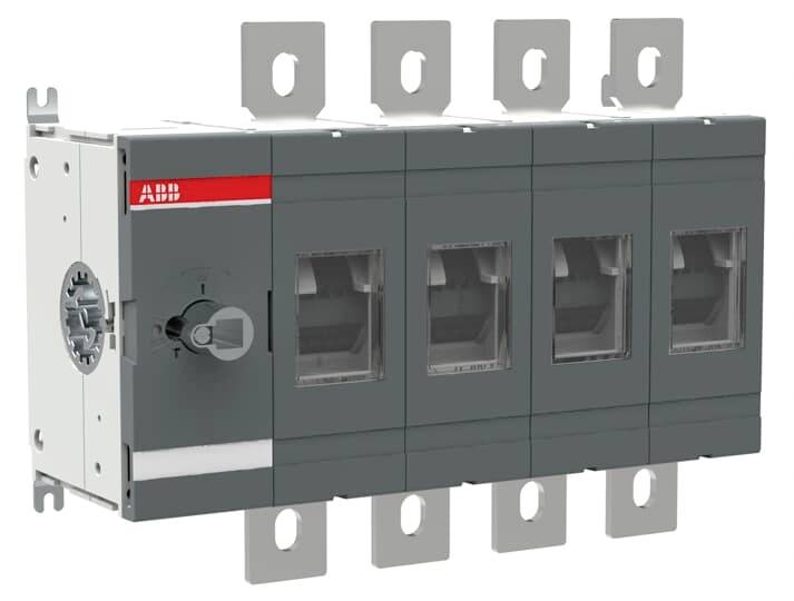 Ein grauer elektrischer Lasttrennschalter mit vier Schaltkammern, hergestellt von ABB, geeignet für industrielle Anwendungen.