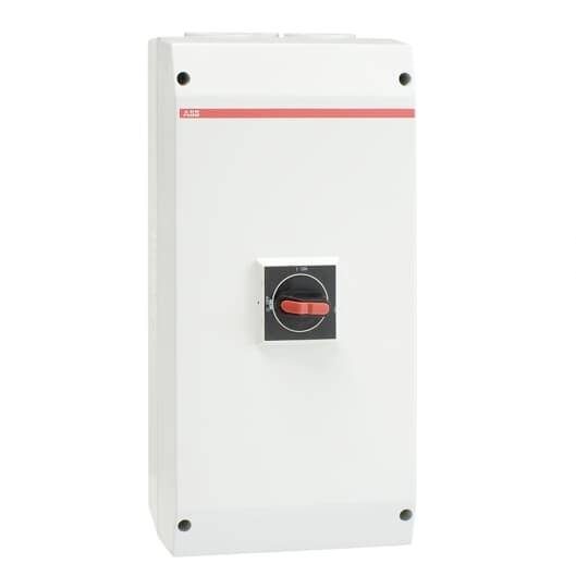Ein weißes elektrisches Schaltgerät mit einem Drehschalter in der Mitte, rotem Griff. Geeignet für industrielle Anwendungen.