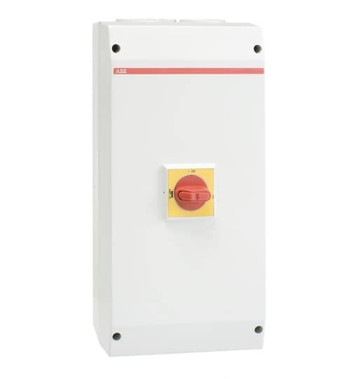 Ein weißer, rechteckiger Gehäuseschalter mit rotem Drehknopf in der Mitte, verwendet zur Steuerung von elektrischen Systemen.