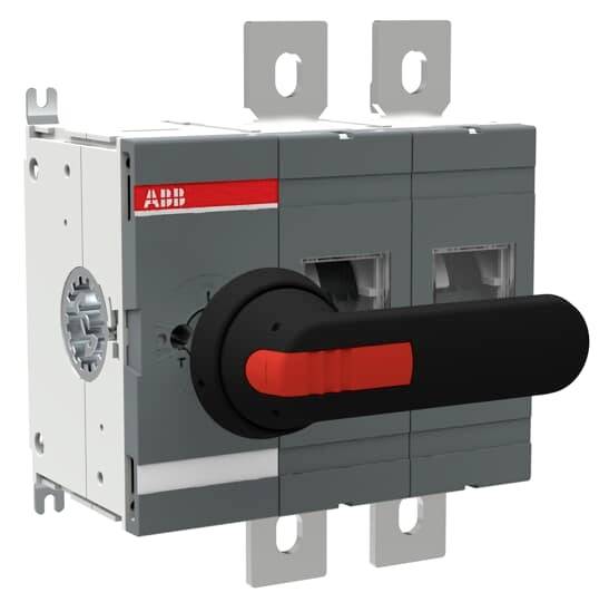Ein grauer Lasttrennschalter von ABB mit rotem Bedienhebel, montiert an einer Halterung.