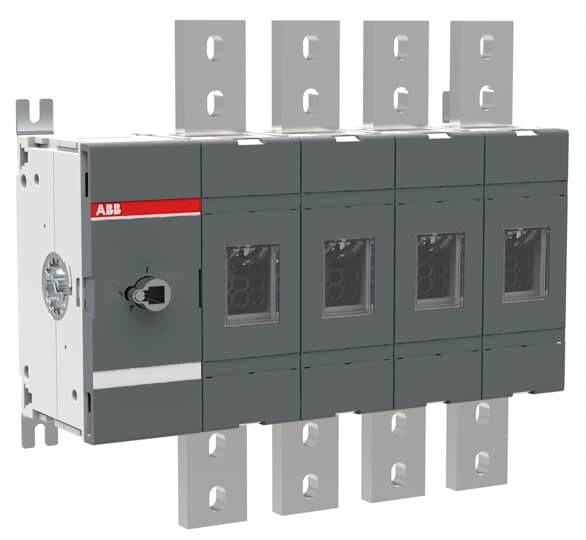 Ein elektrischer Leistungsschalter mit vier Schaltkammern und einem Drehschalter auf der linken Seite. Vier vertikale Metallplatten für die Befestigung.