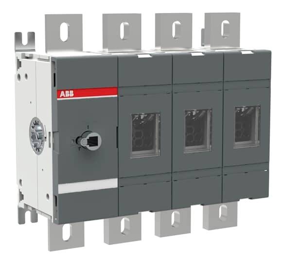 Ein elektrischer Schalter in grauem Gehäuse mit rotem 'ABB'-Logo oben links, gezeigt aus einer leicht schrägen Perspektive.