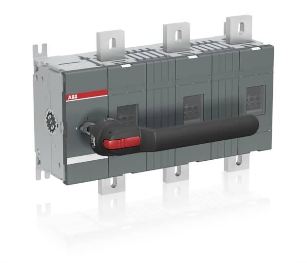 Ein grauer Leistungsschalter mit rotem Hebel und silbernen Anschlüssen, auf der linken Seite das Logo einer bekannten Elektro-Marke.