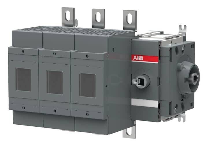 Ein grauer elektrischer Hauptschalter mit vier Schaltelementen von ABB, geeignet für industrielle Anwendungen.