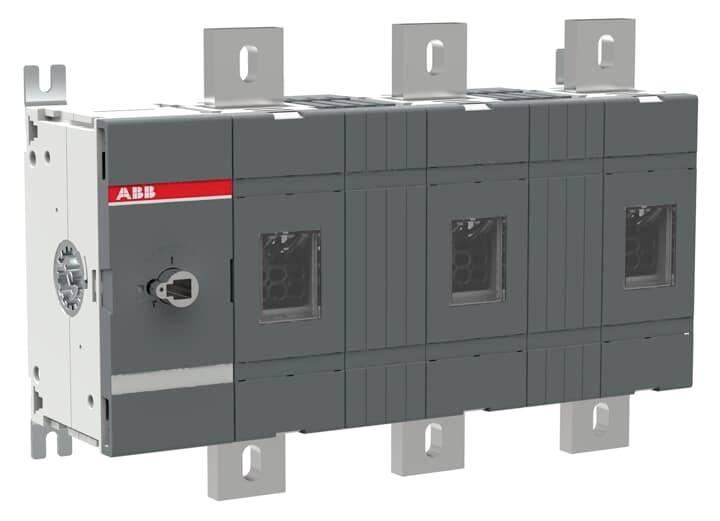 Ein grauer elektrischer Schalter mit Metallkontakten, montiert in einem Gehäuse. Links befindet sich ein rotes Logo.