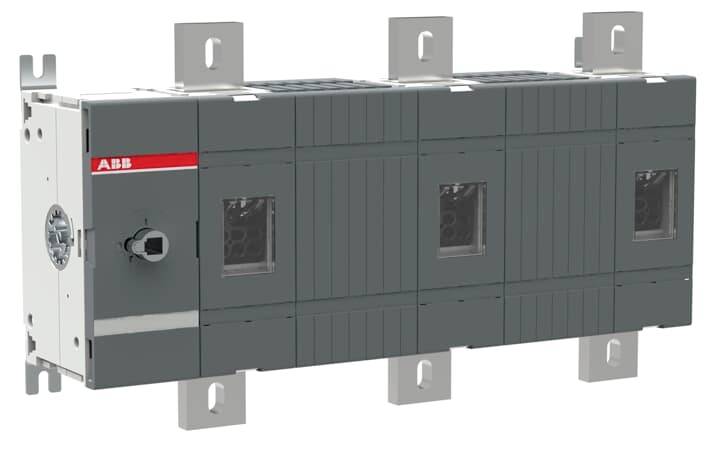 Ein grauer ABB-Sicherheits-Schalter, montiert mit Metallbügeln, zeigt Vorderansicht und Bedienelement auf der linken Seite.