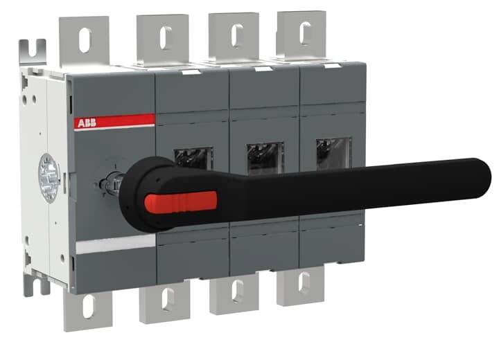 Vierpoliger Lasttrennschalter mit rotem und schwarzem Schaltgriff, geeignet für elektrische Installationen.
