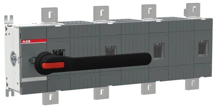 Ein grauer elektrischer Leistungsschalter mit rotem Hebel, geeignet für industrielle Anwendungen, dargestellt in Seitenansicht.