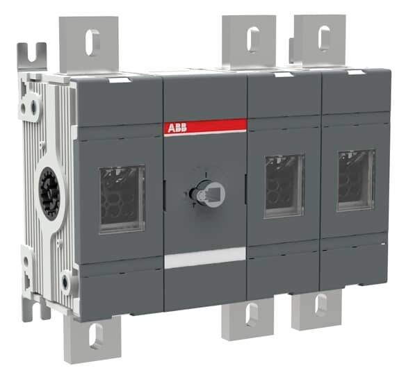 Elektrischer Leistungsschalter in grauem Gehäuse mit rotem 'ABB'-Logo, zentralem Schalter und seitlichen Befestigungselementen.