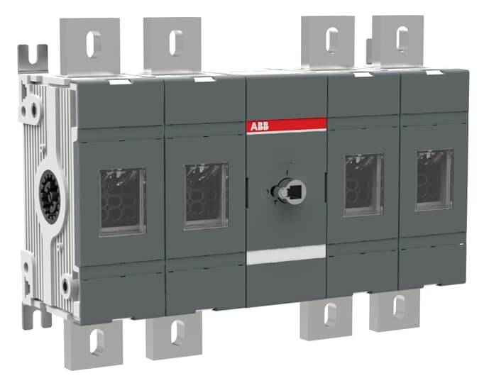 Ein grauer Lasttrennschalter mit rotem Logo in der Mitte, montiert auf metallischen Halterungen. Hauptsächlich für elektrotechnische Anwendungen.