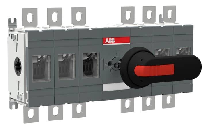 Ein grauer Schalter mit rotem Griff, geeignet zur Steuerung elektrischer Ströme, versehen mit dem Logo eines bekannten Schalterherstellers.