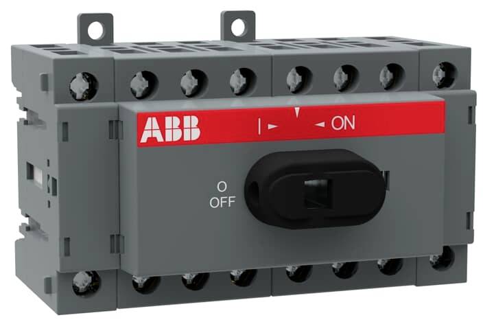 Ein grauer ABB-Schalter, teilweise umgelegt, mit Beschriftungen 'ON' und 'OFF'. Hauptbestandteil eines elektrischen Schaltersystems.
