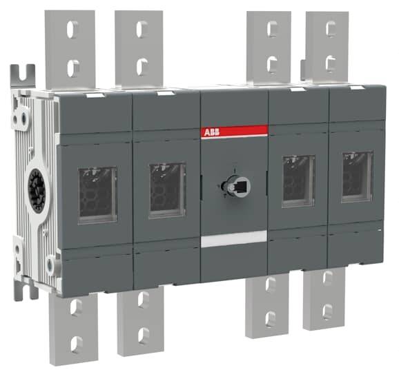 Ein grauer elektrischer Schalter mit mehreren Anschlüssen an jeder Seite, mit einem zentralen Drehknopf auf der Vorderseite.