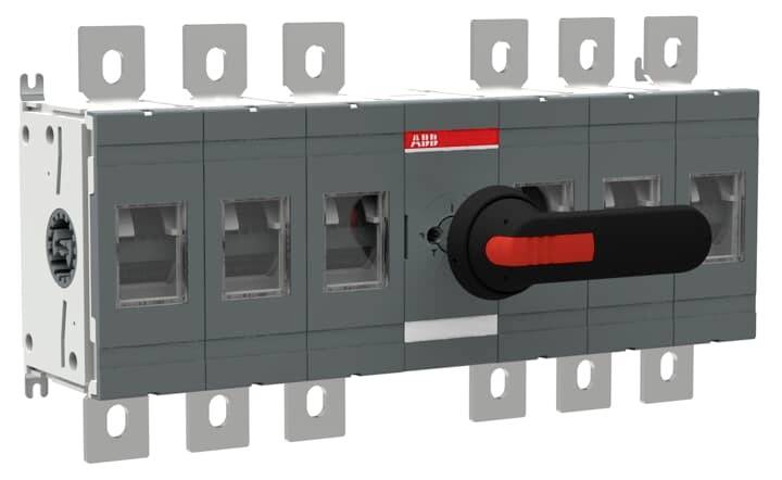 Ein grauer elektrischer Leistungsschalter mit rotem Schaltergriff. Er hat mehrere Metallanschlüsse für die Verkabelung.
