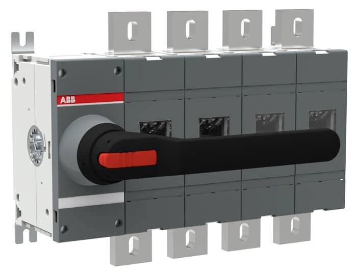Elektrischer Hauptschalter von ABB mit rotem Griff in der Mitte, geeignet zur Steuerung und Sicherung elektrischer Anlagen.