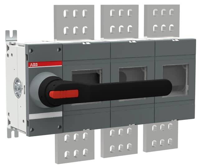 Ein grauer Leistungsschalter mit schwarzem Hebel und rotem Detail vorne, montiert auf einer Platte mit mehreren Metallkontakten.
