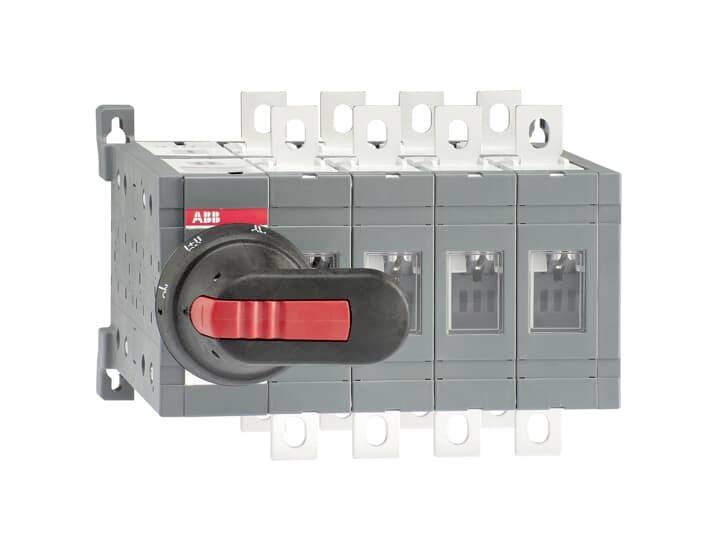 Ein grauer Lasttrennschalter mit rotem Hebel, zur Steuerung elektrischer Schaltkreise, mit transparenten Schutzabdeckungen.