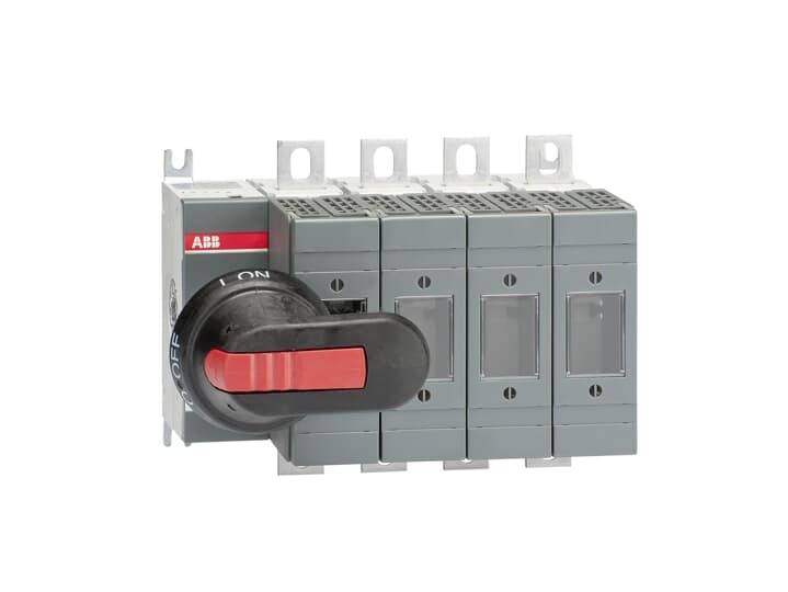 'ABB' Schalter mit rotem Griff in der Position 'OFF'. Quadratische, graue Einheiten nebeneinander. Elektrisches Schalteinstrument.