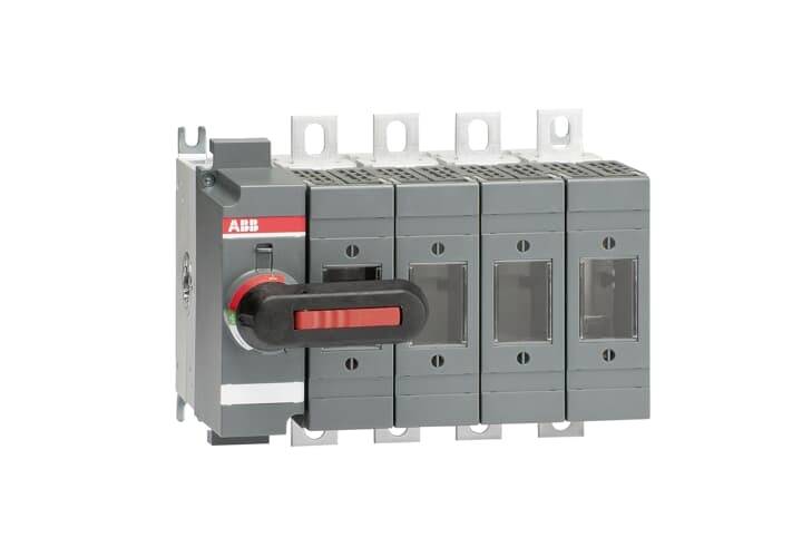 Grau-schwarzer elektrischer Schalter mit einem roten Hebel, bestehend aus vier verbundenen Einheiten.