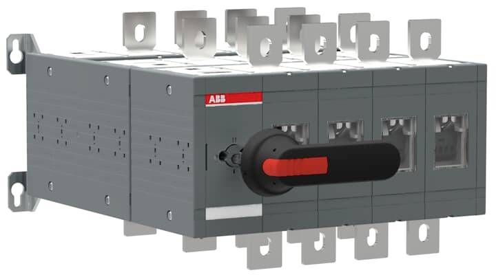 Ein elektrischer Schalter mit ABB-Logo, mehreren silbernen Anschlussklemmen und einem schwarzen Griff mit rotem Akzent, montierbar an einer Oberfläche.