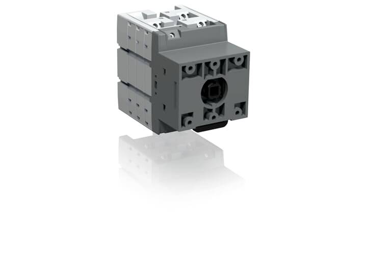 Ein grauer, rechteckiger elektrischer Schalter mit mehreren Anschlussklemmen auf weißem Hintergrund, funktional und modular gestaltet.
