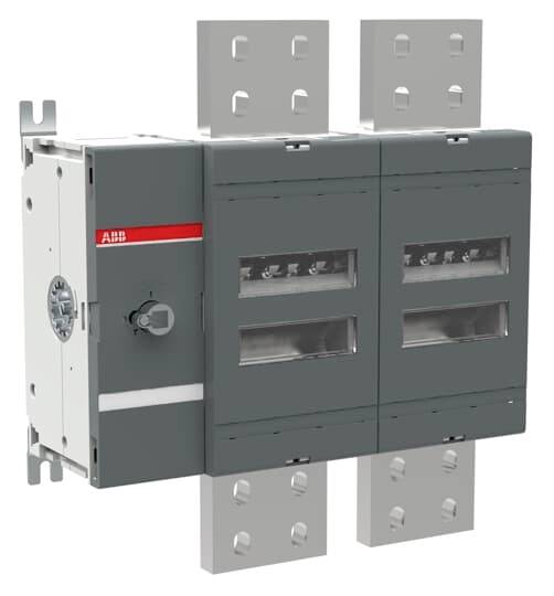 Elektrischer Schalter von ABB mit grauem Gehäuse und rotem Logo. Befestigungselemente oben und unten.