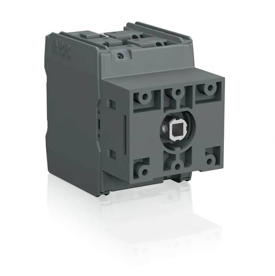 Ein quadratisches, graues elektrisches Bauteil mit mehreren Befestigungslöchern und einer zentralen Öffnung, das als Schaltelement dient.