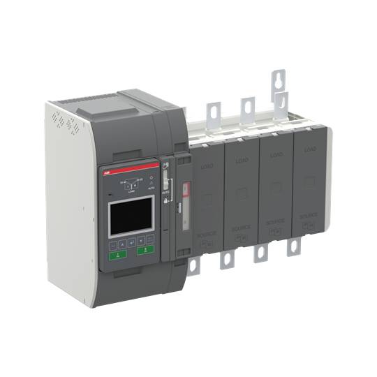 Elektrischer Schalter mit Display und mehreren Anschlüssen, wahrscheinlich ein Strommanagementgerät, aus seitlicher Perspektive gezeigt.