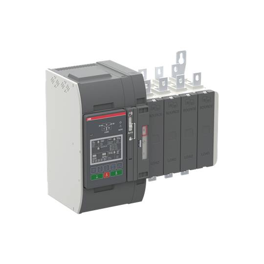 Ein elektrischer Leistungsschalter mit mehreren Anschlussklemmen, rot-schwarzem Bedienfeld, montiert für industrielle Anwendungen.