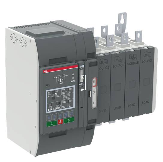 Ein elektrischer Leistungsschalter mit Display und Steuerknöpfen, beschriftet mit 'LOAD' und 'SOURCE', dient zur Stromkreisschaltung.