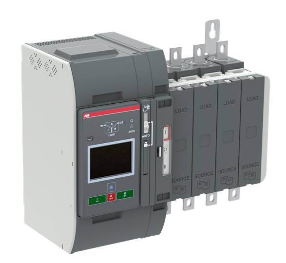 Elektrischer Leistungsschalter mit digitalem Display, rotem und grünem Knopf, vier Schaltgruppen gekennzeichnet als 'LOAD' und 'SOURCE'.