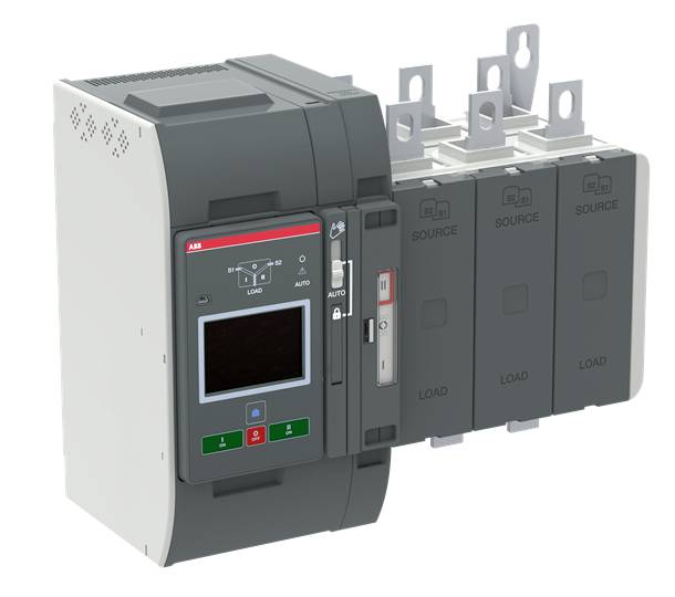 Ein automatischer Umschalter mit digitalem Display, Steuerknöpfen und Anschlüssen zur Verwaltung von Haupt- und Ersatzstromquellen.