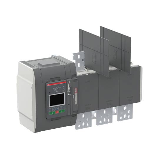 Ein elektrisches Schaltgerät mit digitalem Anzeige-Panel und mehreren Anschlussplatten, das für industrielle Anwendungen geeignet ist.