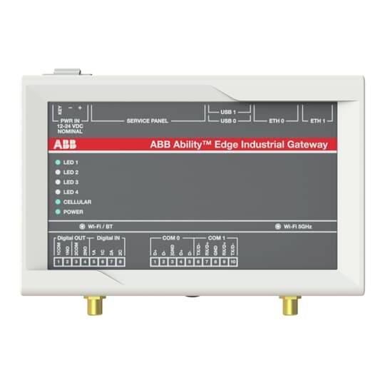 Ein industrielles Gateway-Gerät mit der Aufschrift 'ABB Ability™ Edge Industrial Gateway'. Zeigt mehrere Anschlüsse und Bedienfelder.
