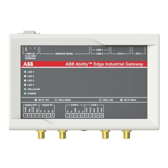Industrielles Gateway-Gerät mit Anzeigeleuchten und Anschlüssen für USB, Ethernet und Mobilfunk, beschriftet mit 'ABB Ability™'.
