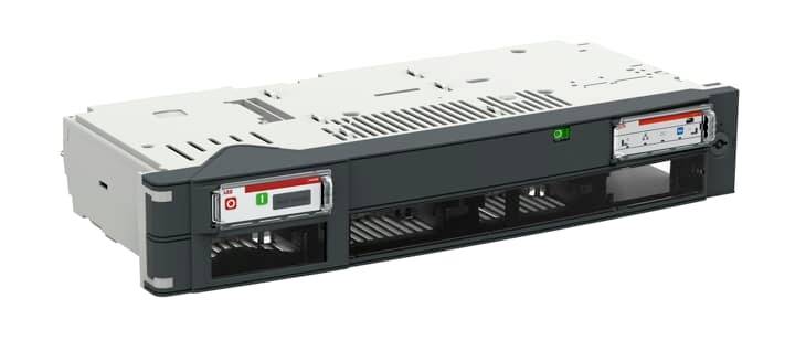 Ein graues Server-Einschub-Modul mit zwei Festplatteneinschüben vorne, beide durch Kunststoffabdeckungen gesichert.