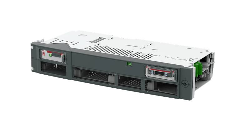 Ein graues, rechteckiges Servermodul mit mehreren Anschlüssen und Lüftungsschlitzen, auf einer weißen Hintergrundfläche platziert.