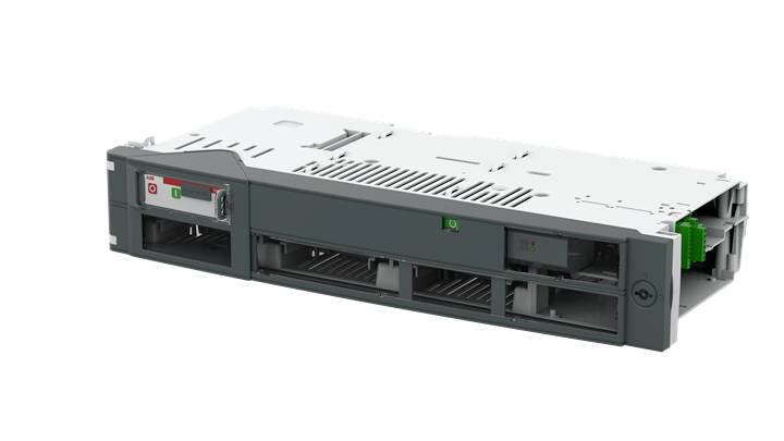 Ein graues, rechteckiges elektronisches Gerät mit Lüftungsschlitzen, Anschlüssen und einem Lüfter auf der Seite.