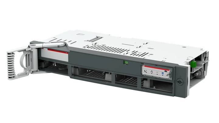 Ein elektronisches Bauteil mit einem Griff auf der linken Seite und einem Lüftungsgitter auf der Oberseite. Es hat einen grauen Korpus.