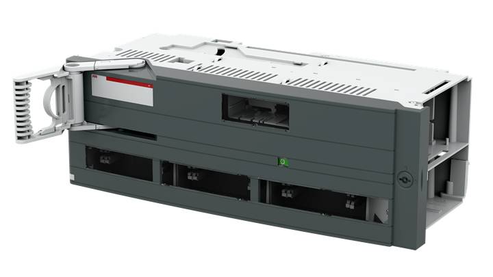 Ein graues elektrisches Modul mit abgewinkeltem Hebel und Schaltern auf der Vorderseite, geeignet für industrielle Anwendungen.