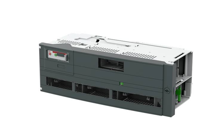 Ein graues elektrisches Gerät, möglicherweise ein elektronisches Modul oder eine Steuereinheit mit mehreren Steckplätzen und einem Bildschirm.