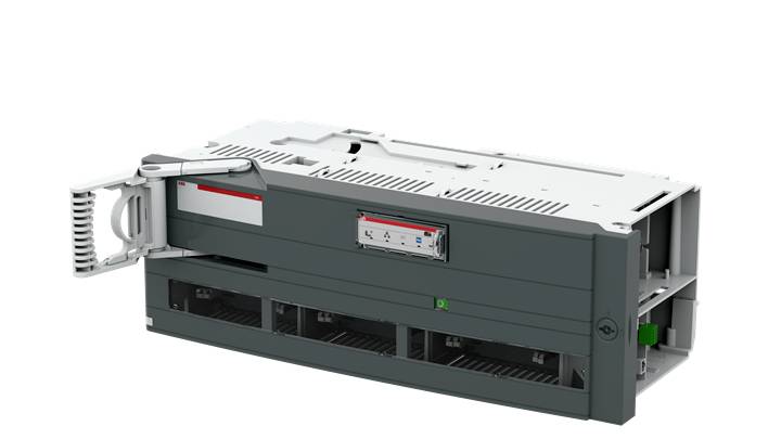 Ein graues elektrisches Gerät mit Lüftungsschlitzen und einem herausziehbaren Griff an der linken Seite.