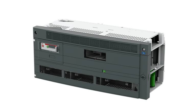 Ein graues elektronisches Gerät mit mehreren Lüftungsschlitzen und einem grünen Lichtelement auf der rechten Seite.